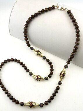 Vintage Saks 5th Ave Necklace Cloisonne Quartz 80s Ro-Do Gemstone Beaded 1980s